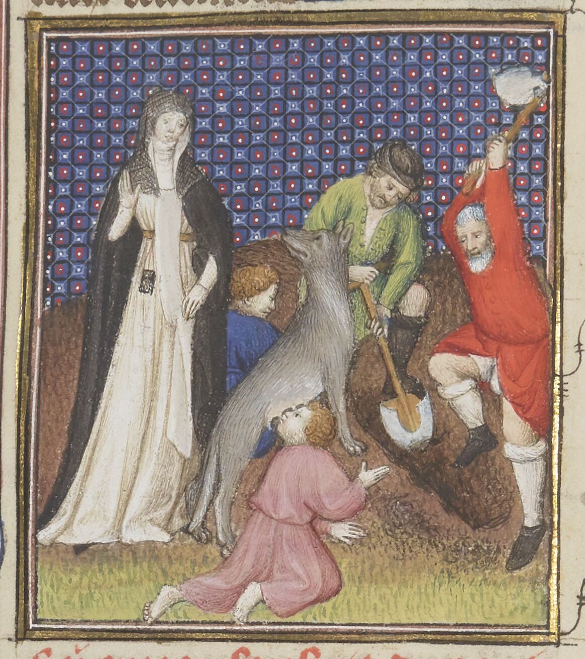 Rhea Silvia vor ihrem Grab, Illustration aus einer Handschrift von Boccaccio, De claris mulieribus, 14. Jh., Paris: BNF, Français 12420, f. 69v.